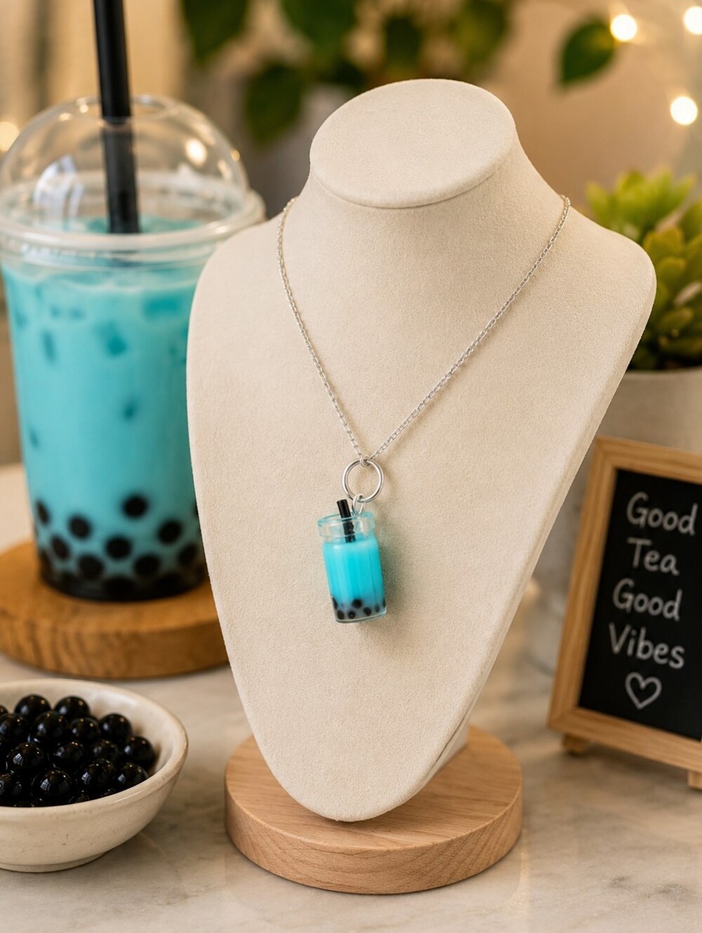 Mini Boba Tea Necklace 17" silver chain